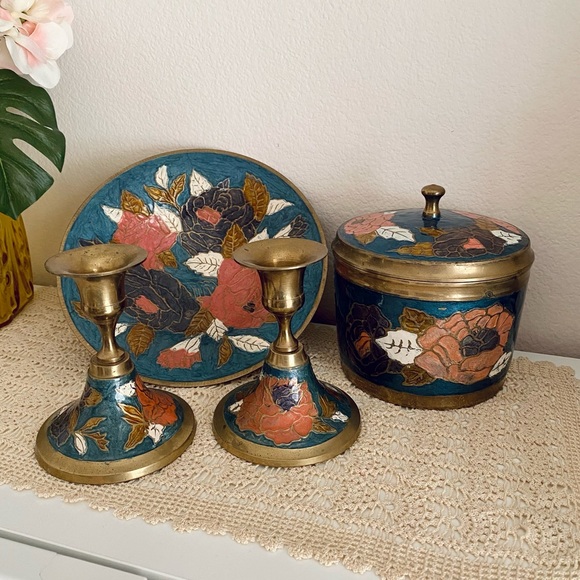 Other - Vintage Brass Enamel Set Blue Rose Candle Sticks Lidded Canister Pedestal Plate